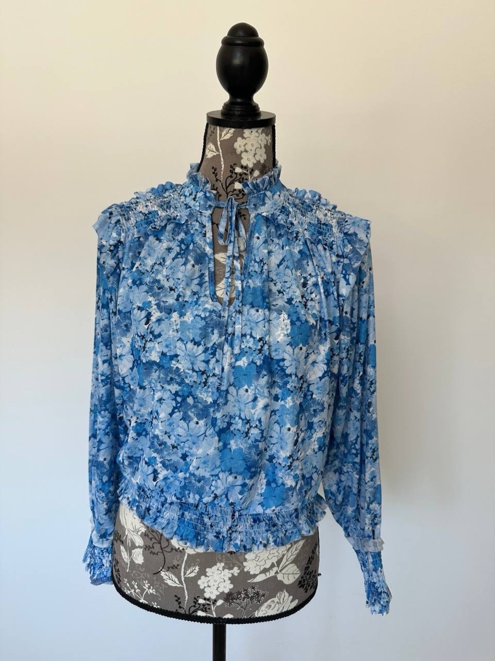 Cliche Blue Floral Smocked Tie-Neck Blouse